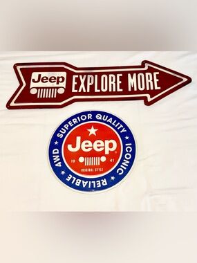 2 Metal Jeep Signs Jeep Explore More Arrow Embossed Metal & Circle Jeep Metal